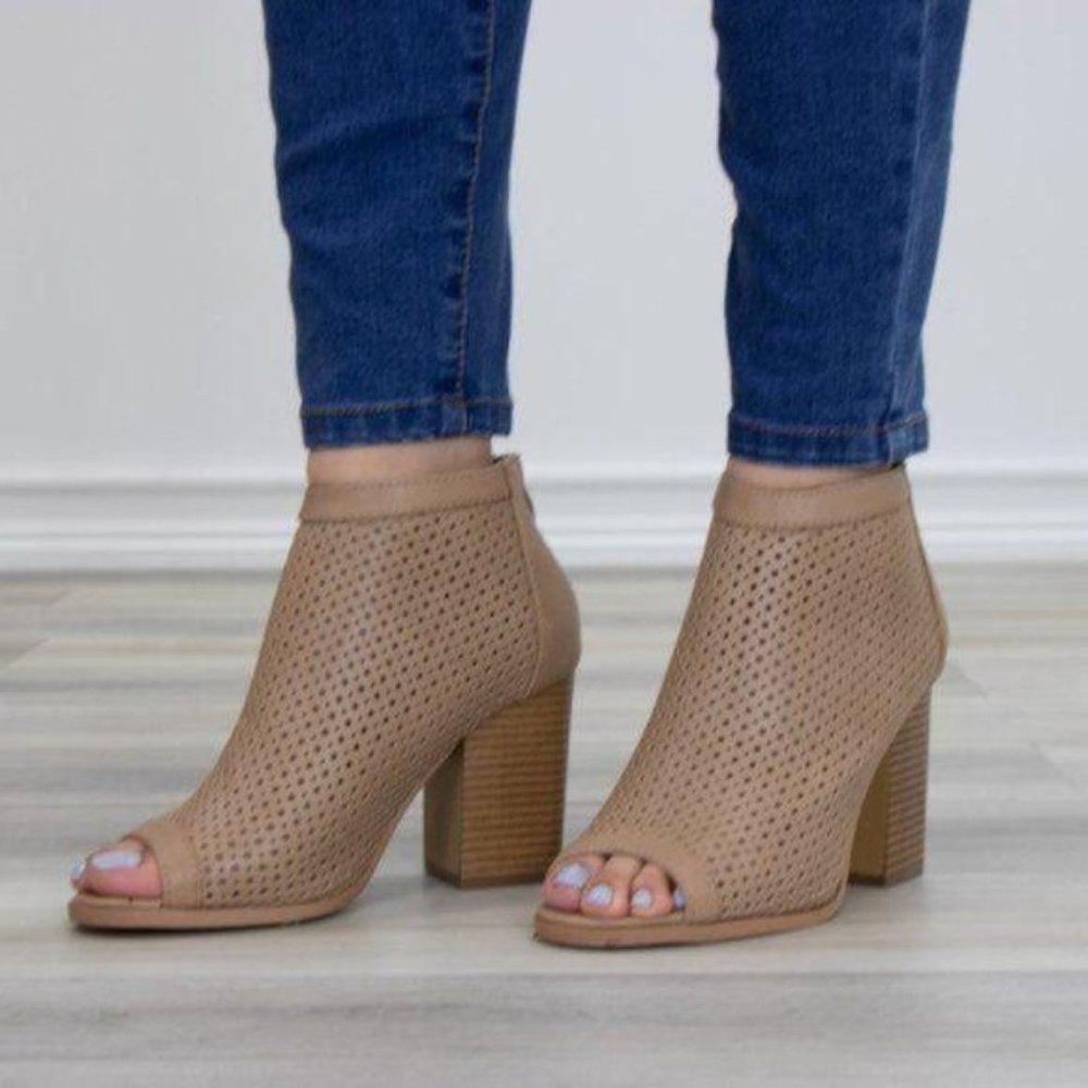Taupe Perforated Heeled Open Toe Ankle Boots - Picture 9 of 9